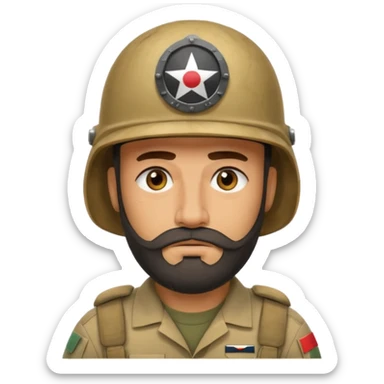 very tired Iraqi military, in a helmet, with a beard sticker