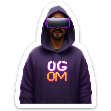 Big Lebowski wearing a black hoodie with "OMG" letters on it and VR headset oculus quest 2 in a cyberpunk VR environment with violet neon lighting. sticker