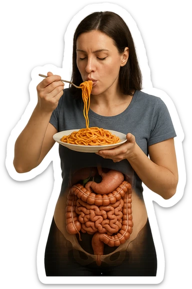 donna con intestino umano anatomico in evidenza che mangia un piatto di pasta, iperrealistico 4k sticker