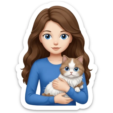 a girl with long wavy ish brown hair with a blue top and black pants holding a white persian cat  sticker