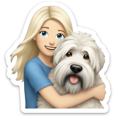 pretty woman blonde hair blue eyes hugging a white and gray soft coated wheaten terrier dog sticker