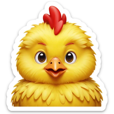 Cinematic Comical Yellow Baby Chicken Portrait Emoji, Head tilted dramatically with an exaggeratedly amused expression, featuring a striking, fluffy yellow downy coat with a tiny quirky red comb, wide, expressive beady eyes filled with playful disbelief, Simplified yet hilariously expressive features, highly detailed, glowing with a slightly sassy glow, high shine, dramatic yet playful, stylized with an air of cheeky mischief, bright and endearing, soft glowing outline, capturing the essence of a spirited and over-the-top chick, so meme-worthy it feels like it could peep its way into internet fame instantly! sticker