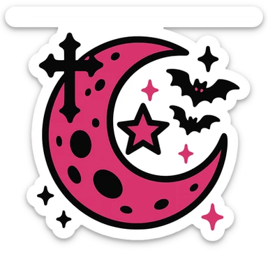 gothic moon, black and pink colors, vibrant toon style sticker