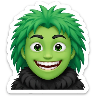 A bald person with bright white skin with a green sclera and green teeth, grinning widely. Has fluffy black neck fur, with a fluffy black body sticker