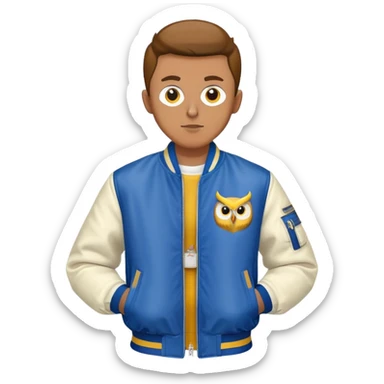 a guy in a blue bomber jacket with white sleeves with a yellow owl logo on the left side of the bomber jacket next to his chest sticker