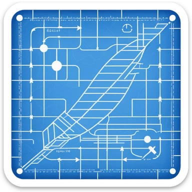blue blueprint plan with white lines and a single dashed path from start to destination sticker