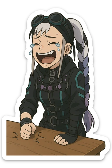 1 female, single long white braid with lavender tips. Cybergoth futurepunk, crying from laughter, pounding her fist on a table, “wheeze emoji” facial expression, hilarious  sticker