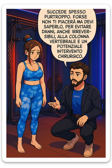 fai questa immagine in versione manga/webtoon a colori, il manga mostra l'uomo che risponde alla donne:
Succede spesso purtroppo. 
Forse non ti piacerà ma devi saperlo, per evitare danni, anche irreversibili, alla colonna vertebrale e un potenziale intervento chirurgico. sticker