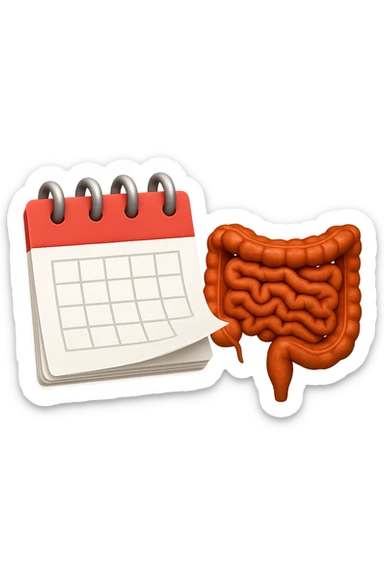 emoji stile iphone di un calendario con fogli che volano insieme a pezzi anatomici di colon umano, iperrealistico 4k, isolato su sfondo bianco sticker