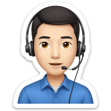 A young Asian man with smooth light skin, dark hair that swoops upward in the front, expressive eyes, a clean-shaven face, and a call-center style headset over one ear, flamboyent  sticker