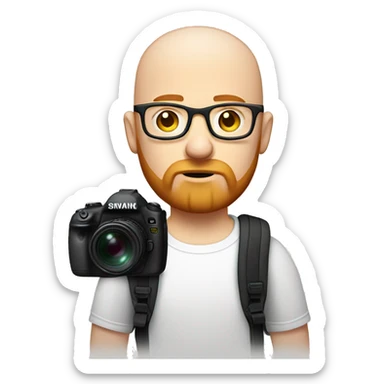 bald man with ginger beard and black thin glasses, sad face, white t-shirt, backpack with camera on his shoulder sticker