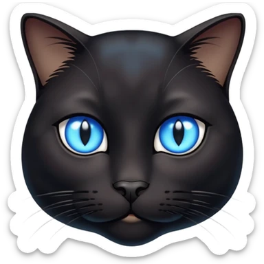 black cat face with bright blue eyes and a small white patch sticker