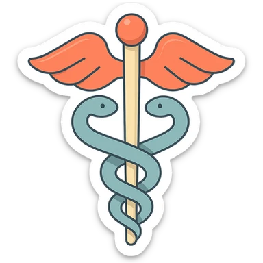 minimalist caduceus symbol, 2D isometric style, soft rounded shapes, clean contours, pastel palette, detailed shadows and highlights, modern illustration, transparent background sticker
