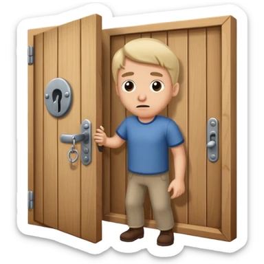 a confused man pulling a locked door sticker