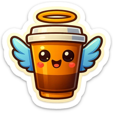 Tall coffee cup, shiney eyes, angel halo, wings sticker