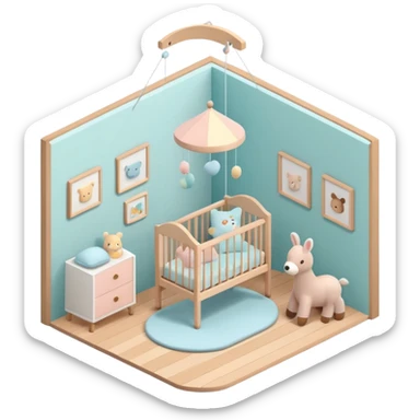 isometric baby room, Nursery with pastel walls and hanging mobile sticker