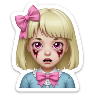 zombie girl with bangs, medium light hair and a pink bow sticker