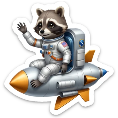 raccoon astronaut riding a rocket sticker
