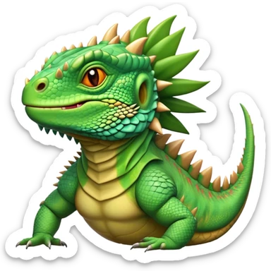 Cinematic Noble Iguana Portrait Emoji, Poised and majestic, with a robust, muscular build and a vibrant, scaly body accented by a prominent spiky crest and keen, observant eyes, Simplified yet sharp and sophisticated features, highly detailed, glowing with a soft, jungle radiance, high shine, intelligent and formidable, stylized with an air of ancient reptilian authority, focused and commanding, soft glowing outline, capturing the essence of a watchful guardian that appears ready to stride out of the screen with effortless might! sticker