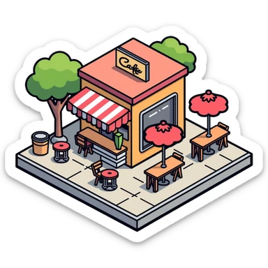 isometric corner cafe shop with outdoor seating and umbrellas sticker