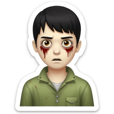 Zumbi garoto de cabelo preto liso no pescoço, com franja lisa na sobrancelha sticker