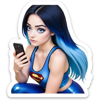 Disapponted-big tears-head back texting on phone-very very large upper body-sexy face-bending forward at waist-very long very straight dark blue to light blue ombre hair-and-blue eyes-thick black eyeliner-long eyelashes-iridescent blue lowcut tanktop with black leggings with glitter superman logo sticker