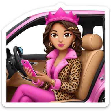 a queen Arina in a leopard fur and pink iPhone on her mercedes sticker