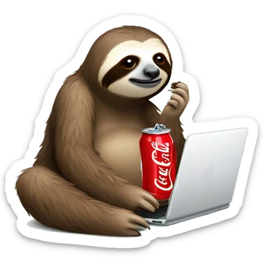 tired sloth with coca cola can and laptop sticker