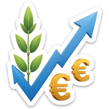 An upward trending arrow on a chart, with a euro symbol next to it, representing personal and professional growth through a training budget. Minimalist emoji look. sticker