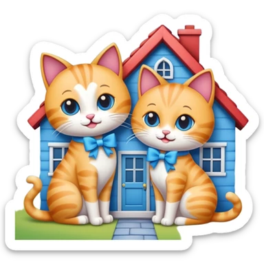 two happy cats in love, with a blue house behind them that has a bow on the roof, emoji style sticker