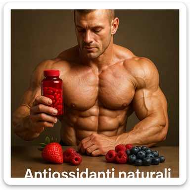 hyper realistic bodybuilder with astaxanthin and red fruits, sculpted muscles, red bottle, red fruits nearby, text 'Antiossidanti naturali', healthy atmosphere, realistic details sticker