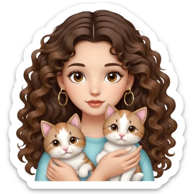 cute girl long brunette balayage curly/wavy not voluminous hair, brown eyes, hoop earrings, natural pretty clean makeup: holding kitties sticker
