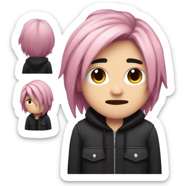 Create an emoji of an emo guy with split-dyed hair—one side pastel pink and the other side black. The hair should have a slightly messy, choppy texture, and the character should have a subtle, sad expression, wearing dark clothing typical of emo fashion sticker