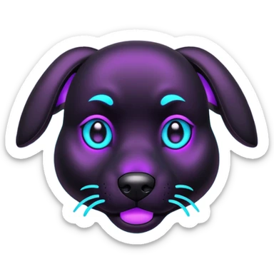 futuristic glowing black dog emoji, neon cyan eyes, purple #8B5CF6 highlights, tech minimal style, dark background sticker