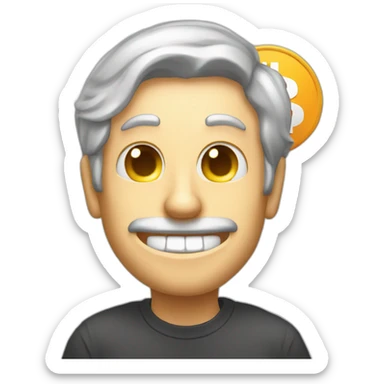 a man waves hello, bitcoin in his eyes sticker