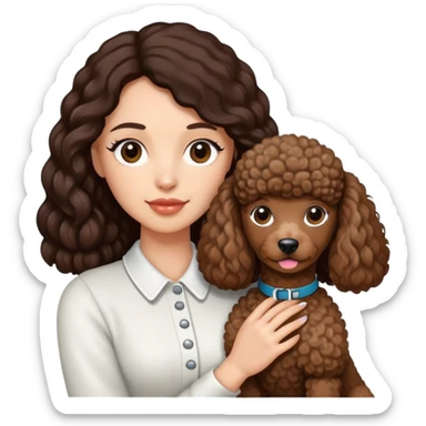 woman with long dark brown hair holding a poodle sticker
