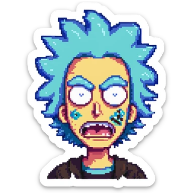 Rick from Rick and Morty with angry expression, wild blue hair, furious face sticker