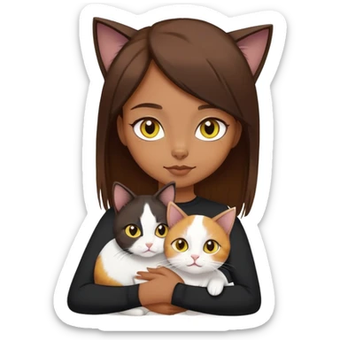 Brown straight-haired girl wearing black top with a pure white cat with yellow eyes and a calico cat sticker