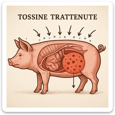educational scene with anatomical diagram of a pig, arrows showing no toxin release through skin, highlighted accumulation of harmful substances, Italian text: 'Tossine trattenute', 4K quality sticker