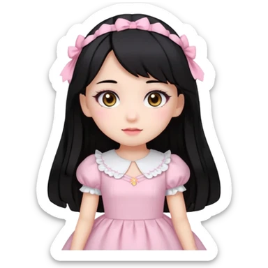 pale girl with medium length black hair, brown eyes, doll-like hime makeup, wearing a light pink hime dress, emoji style, with a cute pose sticker
