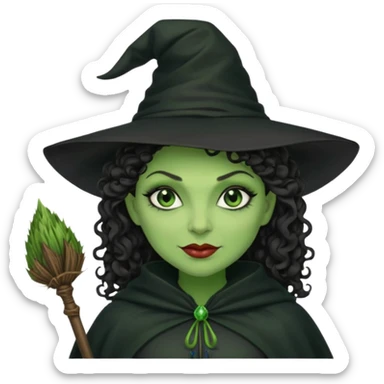 elphaba wicked witch with broom close up, evil dark curly hair, green skin, thick lips, cheekbones, smirk evil menacing cythia erivo dark aesthetic black hat cloak  sticker