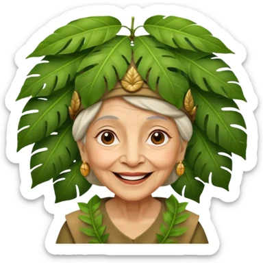 a old woman with jungle wearing a large leaf headgear bye  sticker