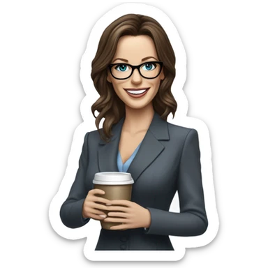 Hyper Realistic Kate Beckinsale blue eyes wearing glasses in a business dress drinking coffee happy  sticker