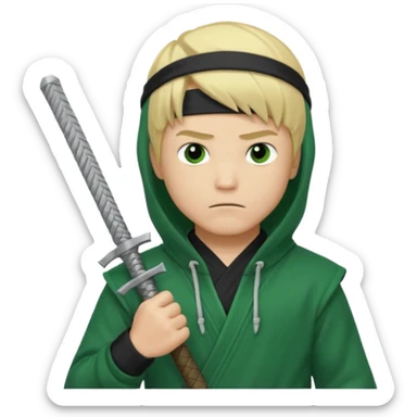 Green ninja Lloyd garmadon blonde hair, kaptur hoody on his head but blonde grzywka visible; the bottom left one is best (the one without miecze + black band + no mask of face) but add miecz sticker