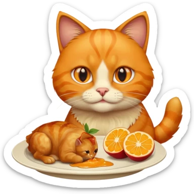 orange cat with orange eyes eating a chicken thigh from a plate, apple emoji style sticker