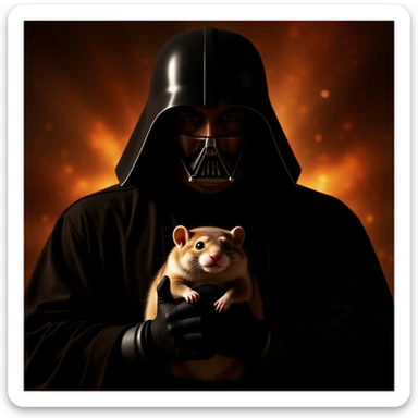 Cinematic still, Extreme Closeup Photo of a darth vader holding big hamster, low key light, explosion startship background with leading lines, back light, spot light sticker