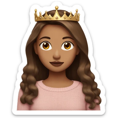 Female, fair skin, straight long brown hair, wearing a crown, baby pink lipstick, wearing a brown sweater sticker