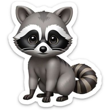 Cinematic-cute Raccoon-Realistic-hunched Full-Body on all fours-Emoji – Tail flicking lazily, head tilted dramatically, thick grey fur with a signature black mask, sharp and alert ears, simplified yet realistic focused features, highly detailed, glowing with an almost sarcastic glow big black eyes realistic body sticker
