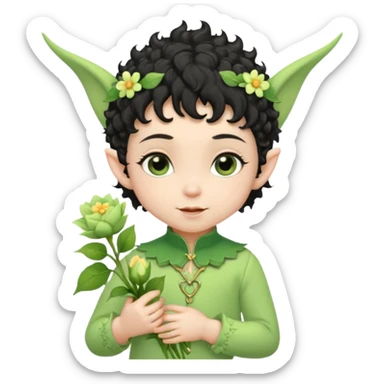 Tiny elf baby black curly hair with pointy ears and hat, pastel green outfit, hold flowers sticker