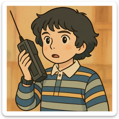 Recreate Mike Wheeler inspired by the reference photo, with a simple and delicate line style, colored in pastel tones, with very thick and dark contours, in Ghibli style, square format 1:1. sticker